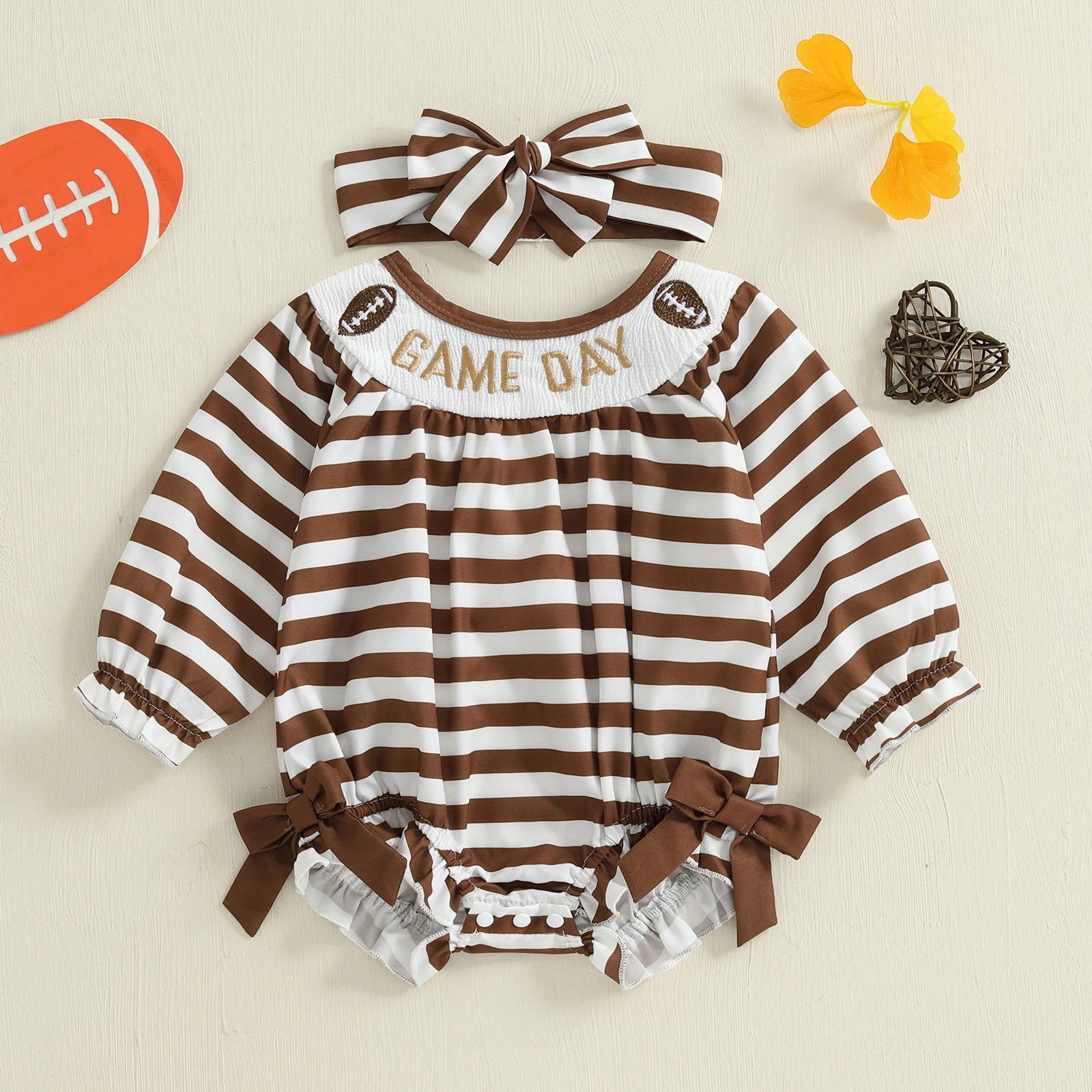 

Tregren 0-18Months Baby Girl Striped Romper Rugby Letter Pattern Round Neck Long Sleeve Bubble Ruffle Jumpsuit Bow Headband