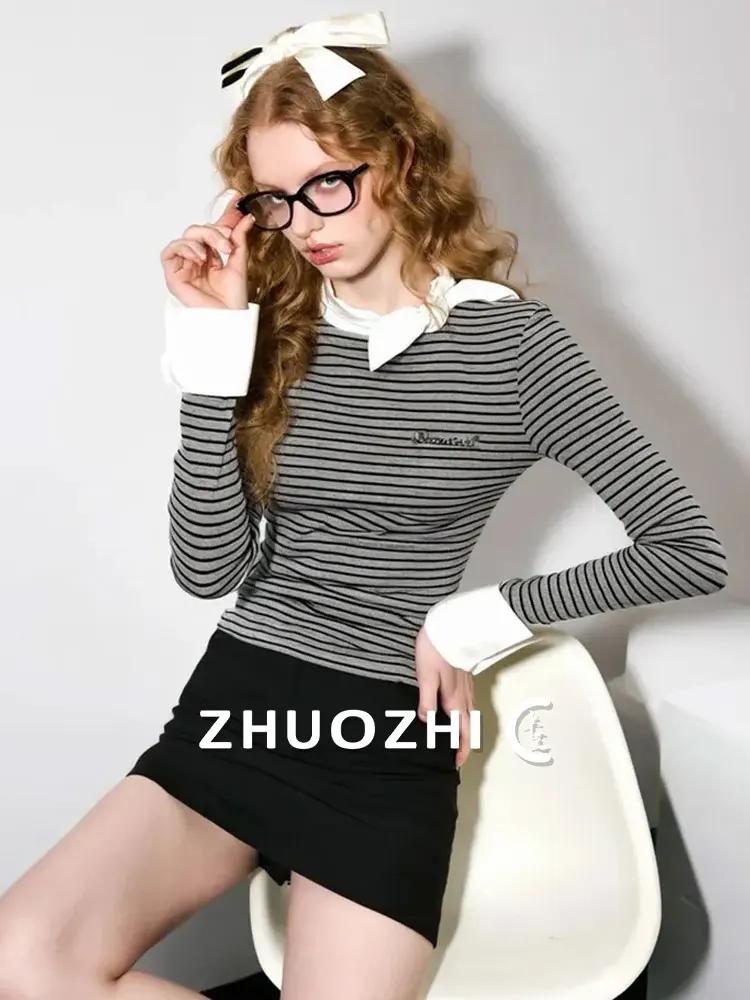 

Женский свитшот ZhuoZhi Осень 2025: Новинка, дизайнерский полосатый свитшот с бантом, цветными блоками и длинными рукавами, круглый вырез