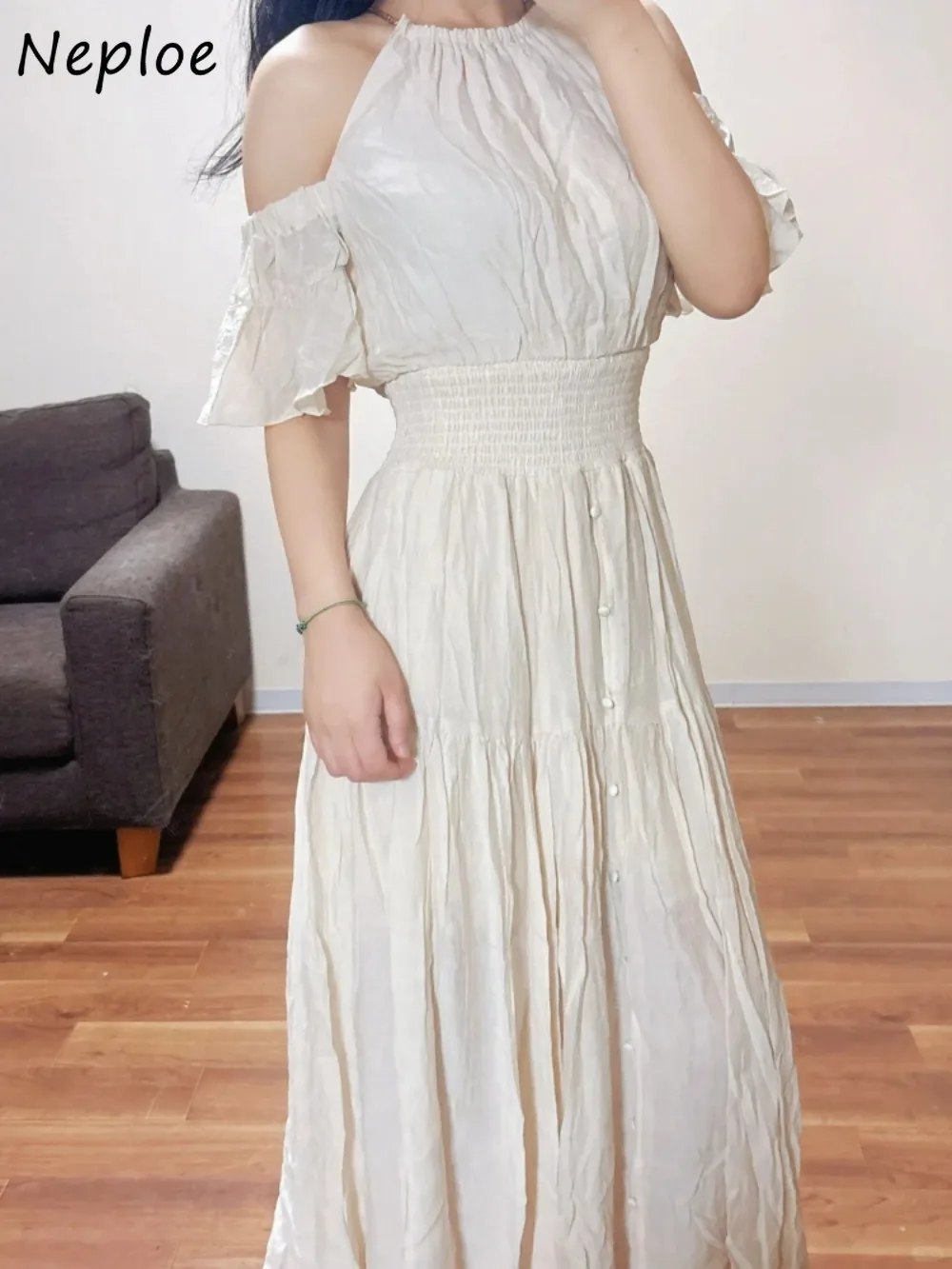 

Neploe Fairy Exquisite Literary Sweet Halter Dress Elegant High Waist Flare Sleeve Off Shoulder Slim Robe Japan Elegant Mujer