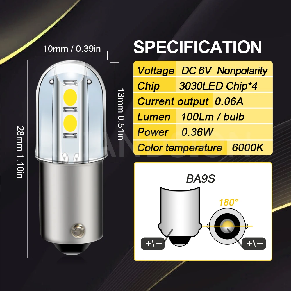 Ruiandsion 2PCS BA9S Signal Lights LED 3030Chip 4SMD LED Lamp Roof Reading Lights White Yellow WarmWhite DC 6V Non-Polarity Bulb - view 5