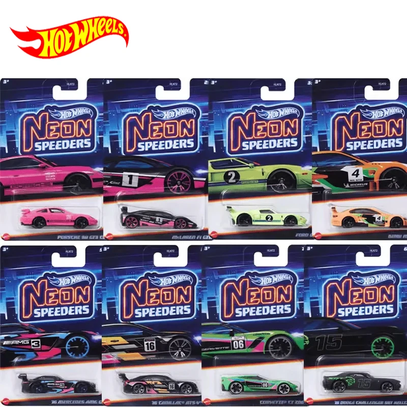 Original Hot Wheels Car Neon Speeders Toy for Boy 1/64 Diecast Porsche 911 Ford Mercedes-AMG GT3 Cadillac Dodge Challenger Gift