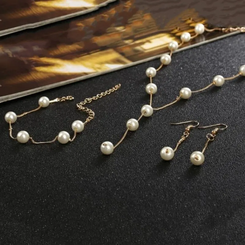 4pcs Gold-color Necklace Earring Bracelet Set Ladies Elegant Imitation-Pearls Collection Temperament Tassel Jewelry image 2
