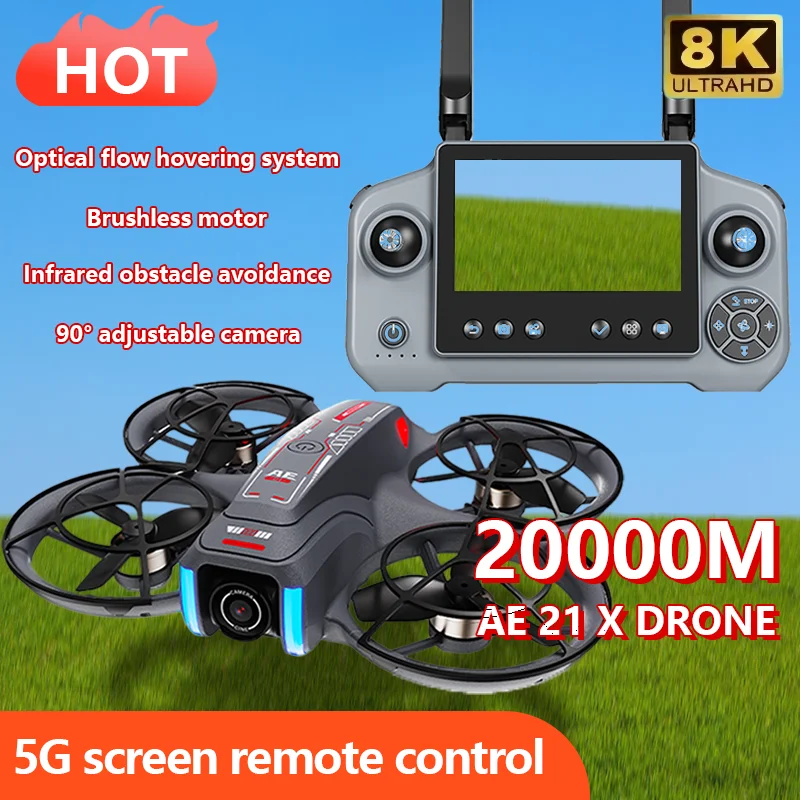 Mini Dron AE21 8K HD con Cámara Dual, Función Sígueme, Quadcopter RC con Pantalla de 4.3 Pulgadas, Control Remoto FPV, Motor sin Escobillas, Juguetes Electrónicos para Niños
