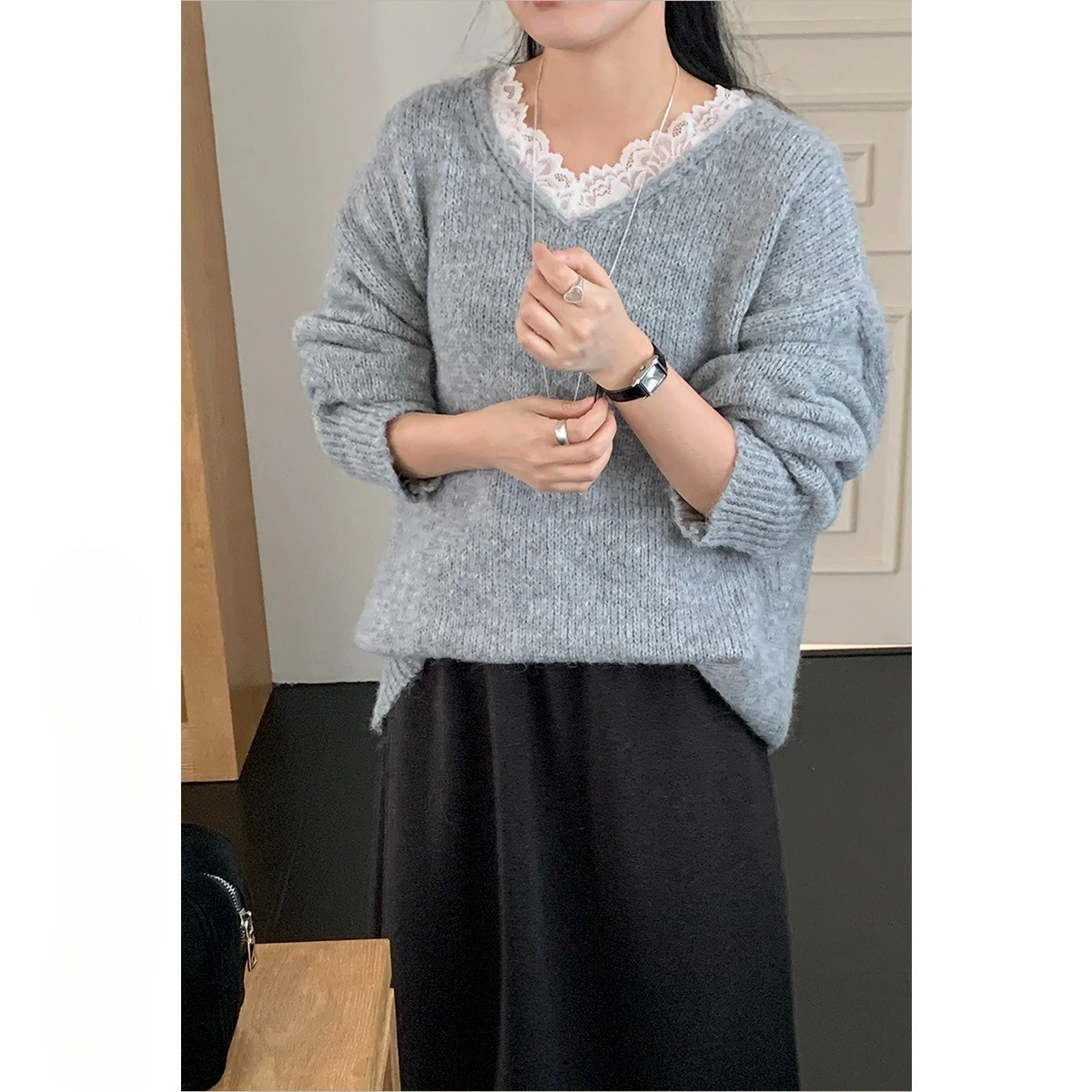 

Spring Autumn Solid Women's Knitted Sweater V-Neck Patchwork Lace Collar Long Sleeved Pullover Casual Loose Tops Female Clothes