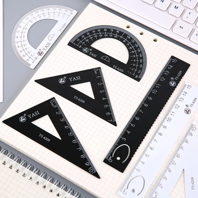Règle géométrique triangulaire en alliage pour étudiant, outil de mesure, rapporteur, dessin, examen, fournitures d'apprentissage de bureau, 4 pièces/ensemble