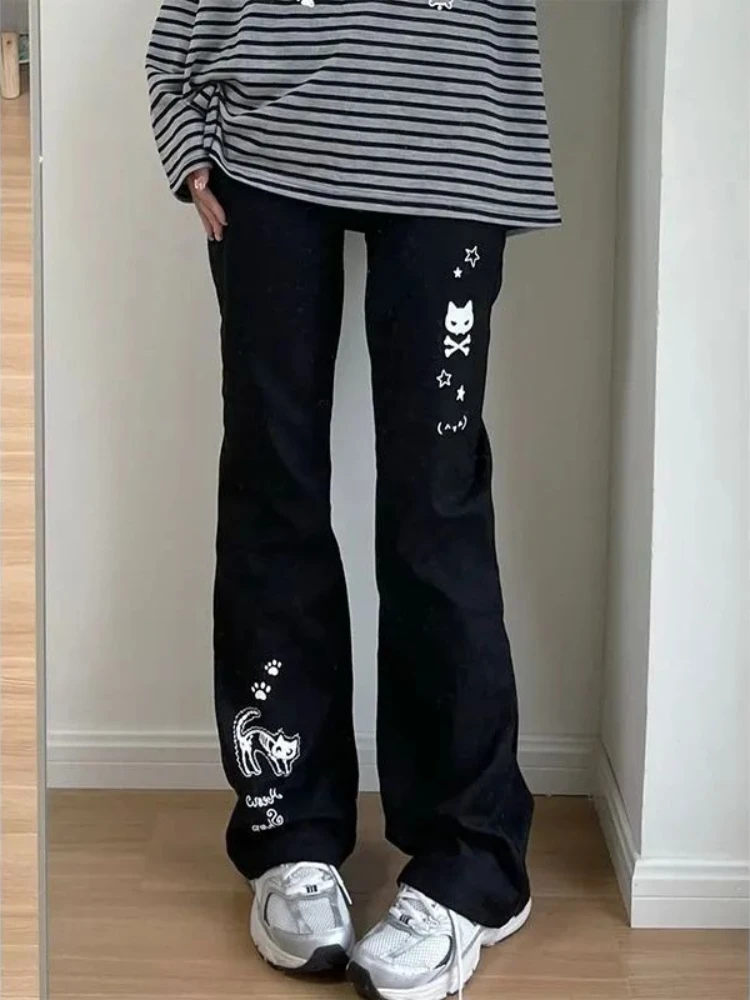 

Японские брюки Y2k в стиле гранж, женские уличные брюки с принтом черепа, черные брюки с высокой талией, широкие брюки, повседневные брюки Harajuku, новинка 2023 г.