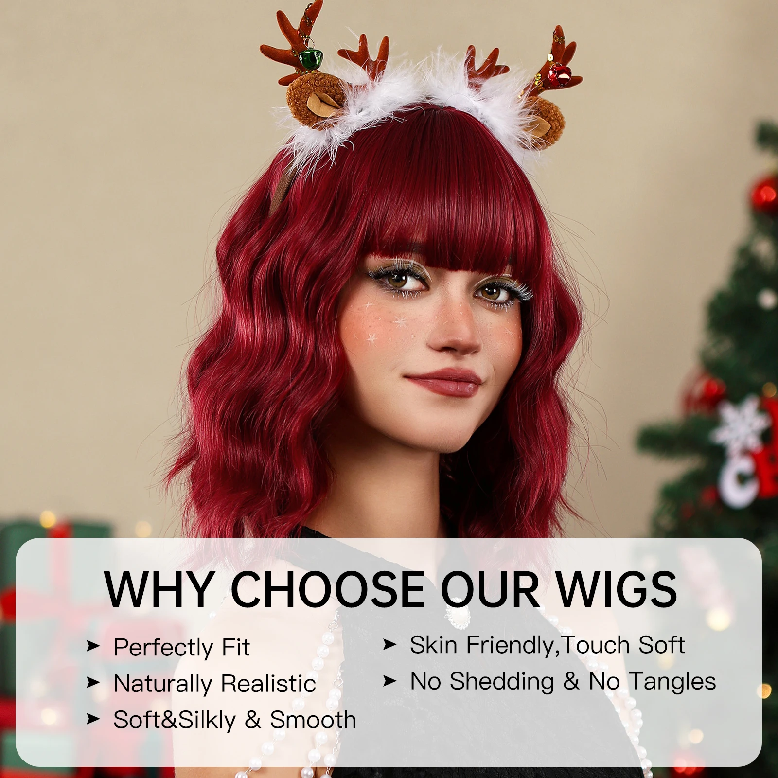 HENRY MARGU Short Curly Wigs with Bangs Wine Red Synthetic Natural Wigs Loose Wavy Christmas Wigs Women Party Cosplay Fake Hair