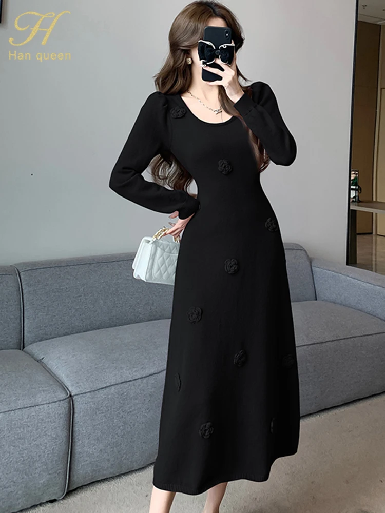 H Han Queen Autumn Winter Fashion Slim A-Line Long Dress Women Stretch Knit Party Office Dresses Basic Vestidos Woman Clothing