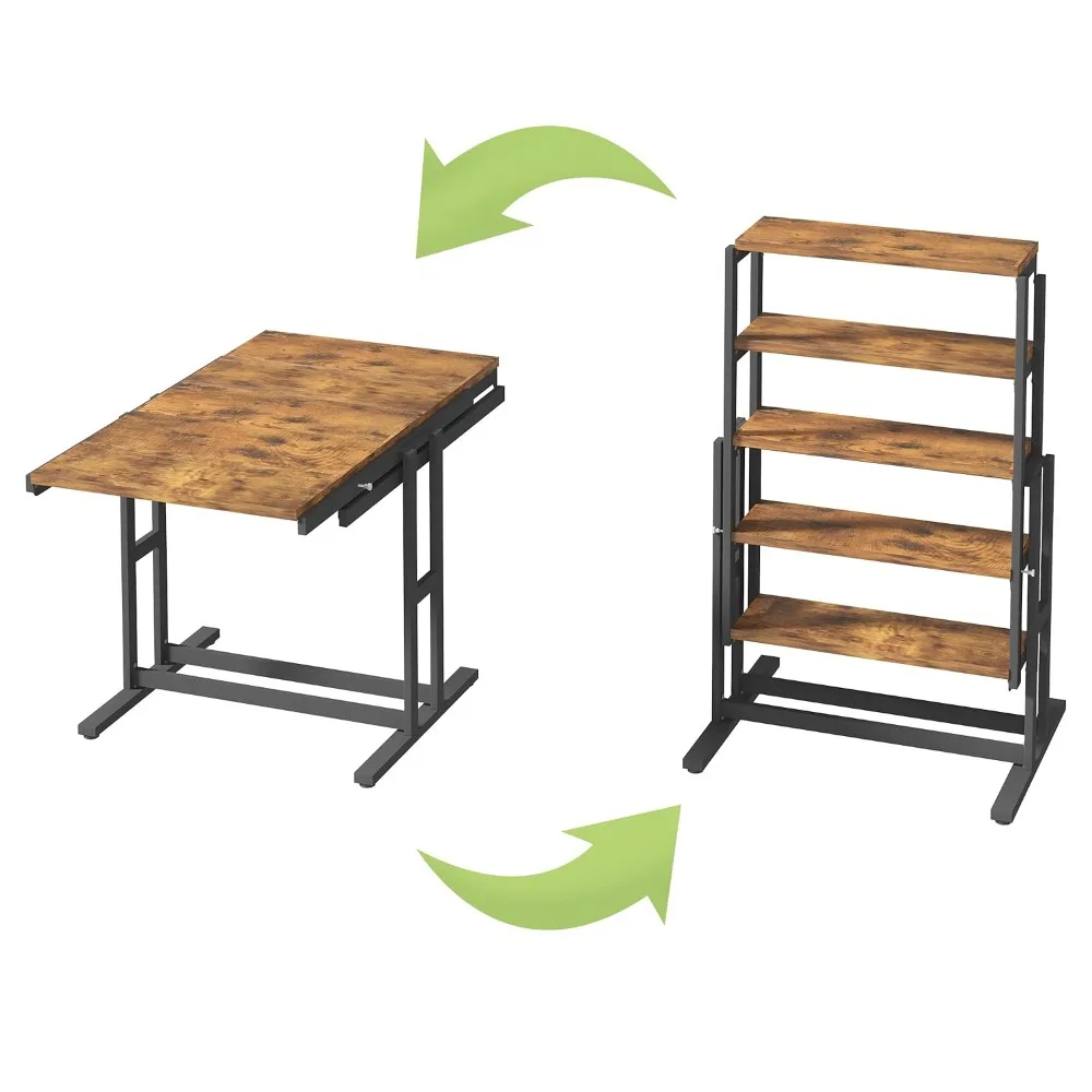

Extendable Dining Table Convertible 2 in 1 Shelf To Table with Metal Frame Industrial and Rustic Style, Customized