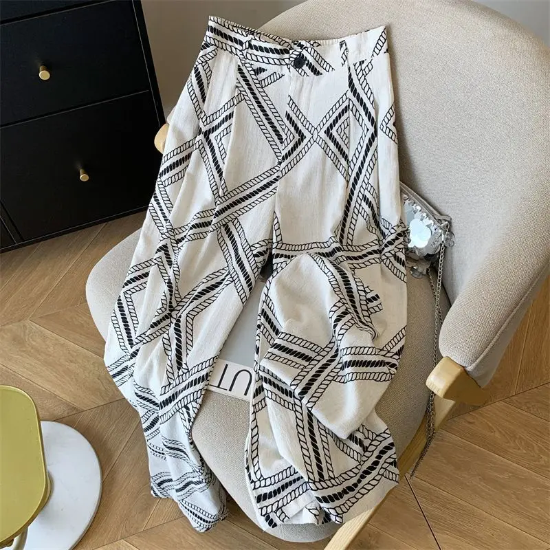 Ice Silk Cotton Linen Printed Wide-legged Women's 2025 New High-waisted Slimming Loose Casual Drape Floor Mopping Pants