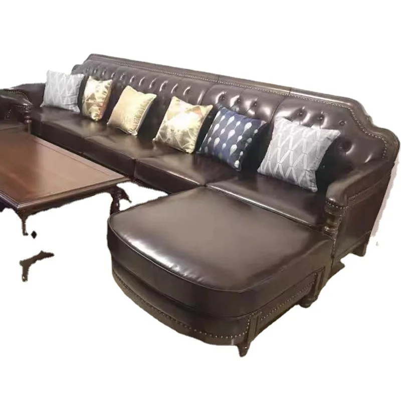 Corner leather cloth sofa, large and small apartment leather art living room all solid wood cowhide leather sofa
