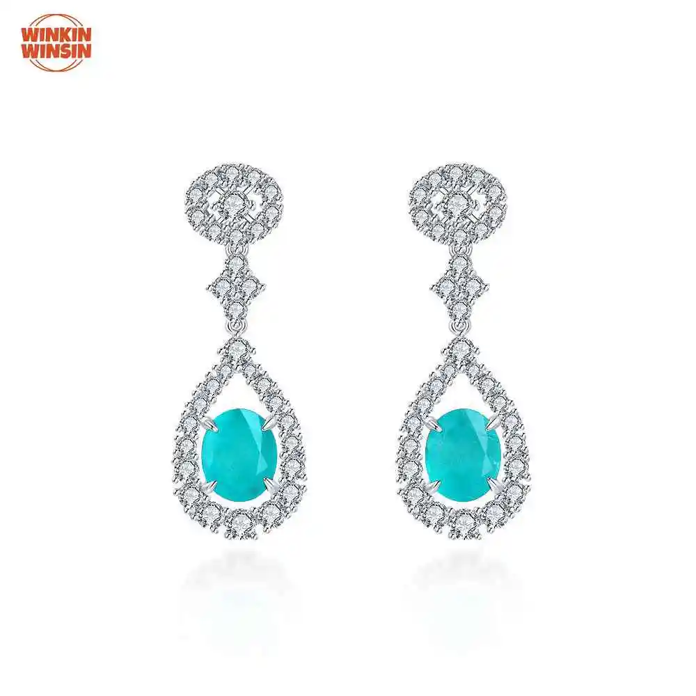 

Winkin Winsin 3.5 Carat Synthetic Paraiba Earrings Egg-shaped 9*11 European and American Vintage Drop Earrings