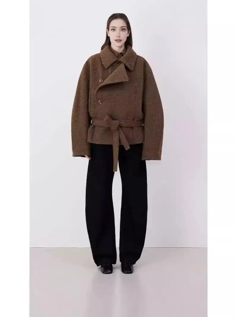 

Асимметричное или шерстяное пальто для женщин Bla Tweed Jaet Fem Commute Sle Long Sve воротник-стойка с поясом Pure Color