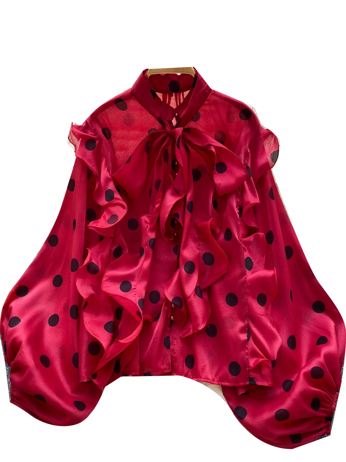 Casual Loose Polka Dot irt Women's Korean Sle  Knot Lantern Sve Me Top Flowing Light Summer Commute Faion