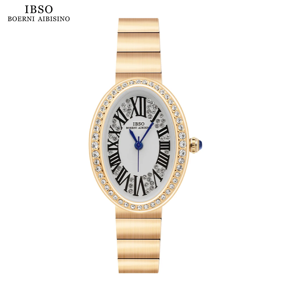 IBSO New Oval Dial Zircon Luxury Women Quartz Watches Simple Stainless Steel Strap 3ATM Waterproof Watch Ladies Free Shipping