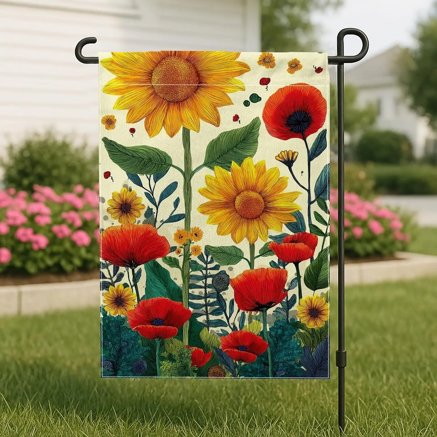 Summer Floral Garden Flag, Yellow Sunflower Red Poppy Outdoor Decor Banner, Double Sided Burlap Yard Flag for Home Lawn Deco uui