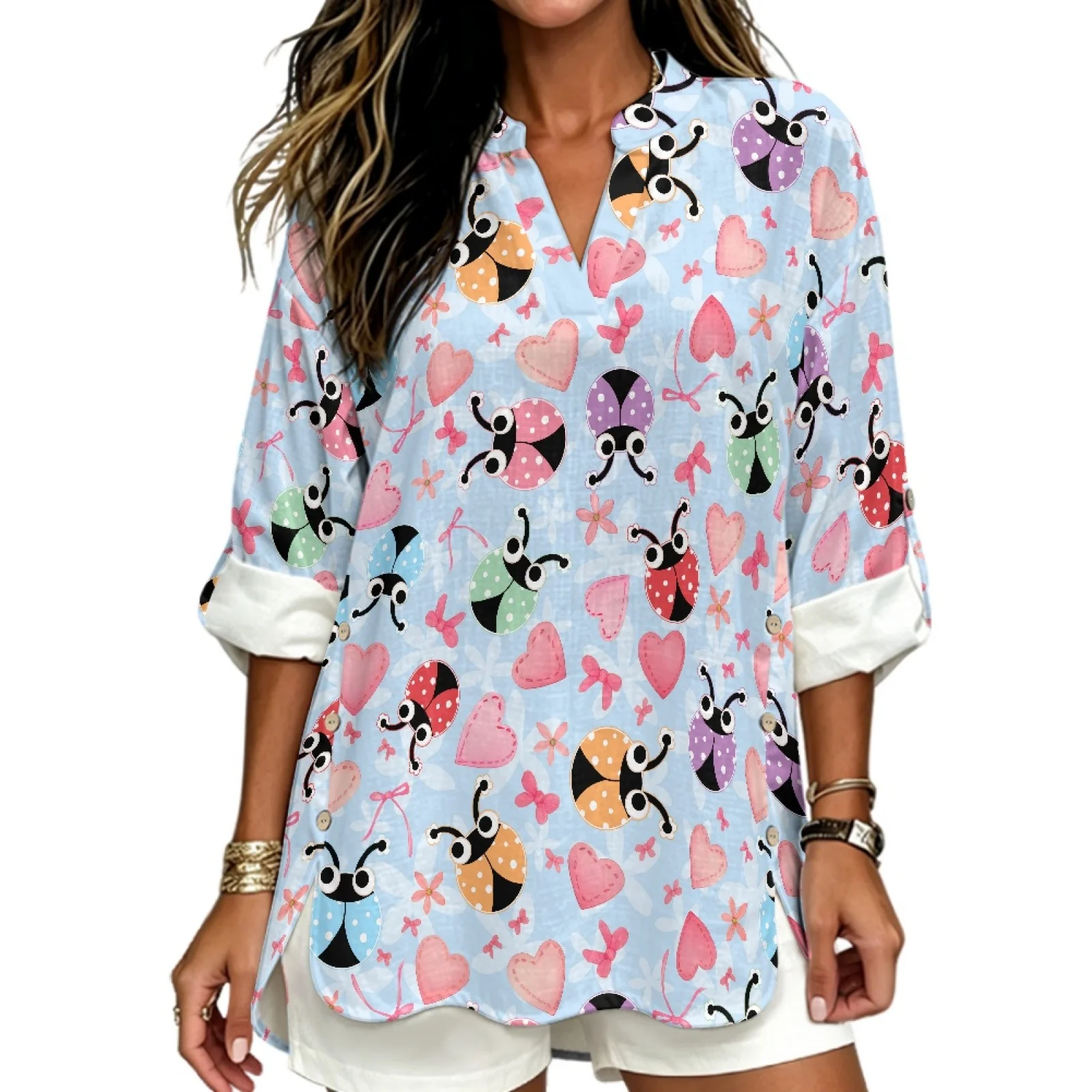 PENSTROLL Colorful Ladybug Hearts Linen Style Long Sleeve Shirts Roll-Up Tunic Blouse for Ladies Sizes S-5XL