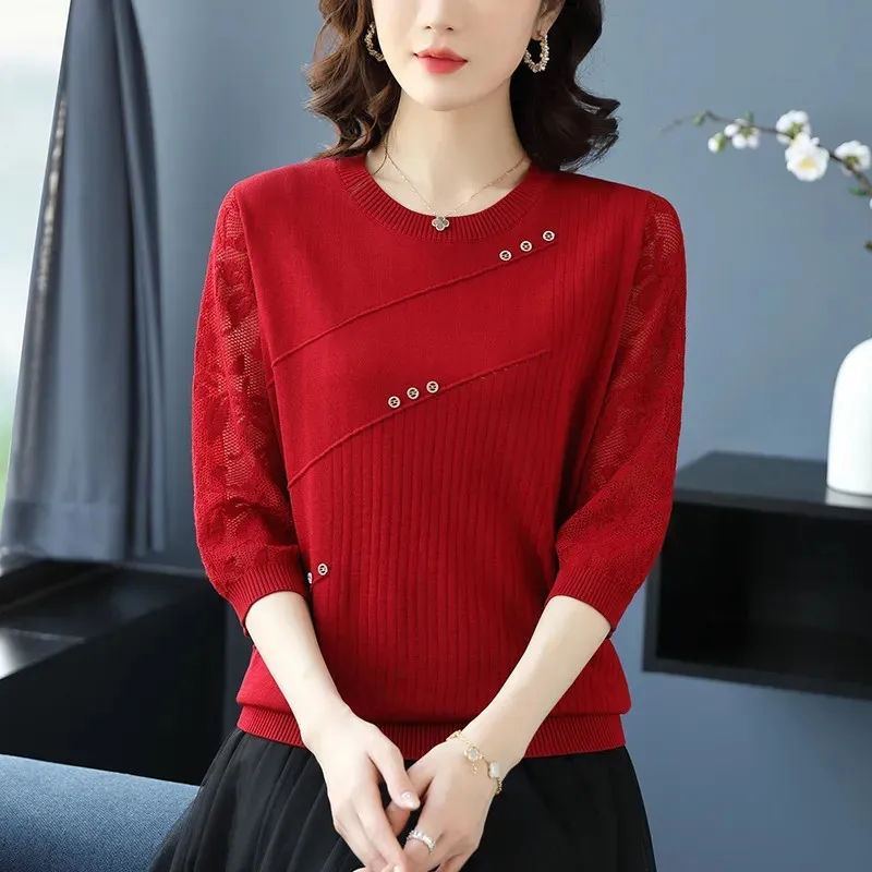 Three Quarter Sleeves Knitting Shirt Women\'s Tops 2022 New Spring Autumn Sleeve T-Shirt Thin Hollow Out Pullover Bottoming Shirt