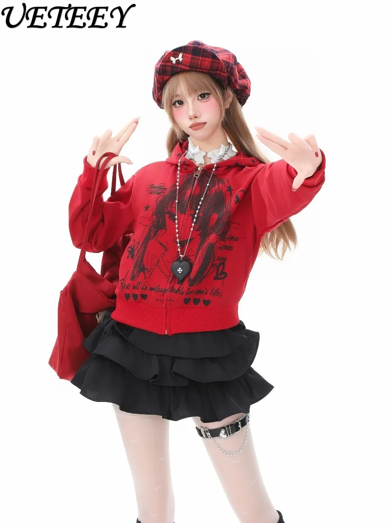 Sweet Anime Girl Cartoon Print Hooded Sweatshirt Jacket for Women Spring and Autumn Slim Fit Versatile Zipper Short Hoodies
