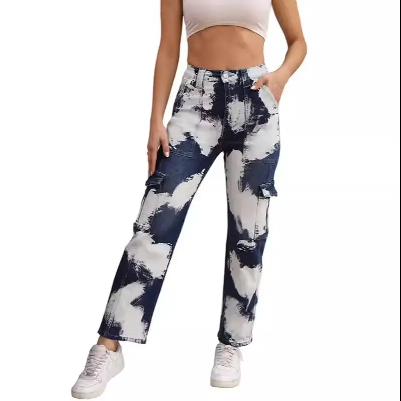 

Tie Dye Washed Blue Fashion Pocket Cargo Denim Pants Women High Waisted Straight Loose Cowboy Bottoms Streetwear Jeans Female