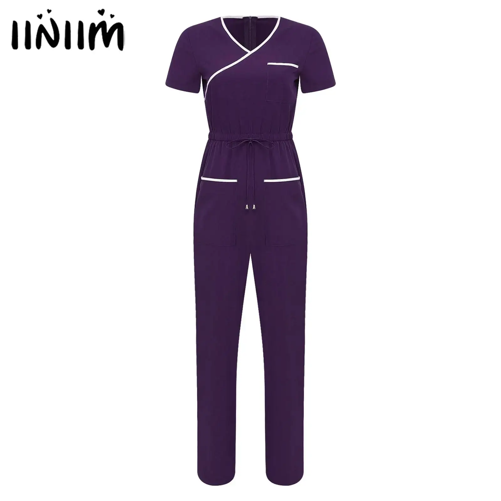 

Womens Professional Medical Scrubs Jumpsuit Coverall Costume Nurse Working Suit Drawstring Long Pants Back Zipper Rompers