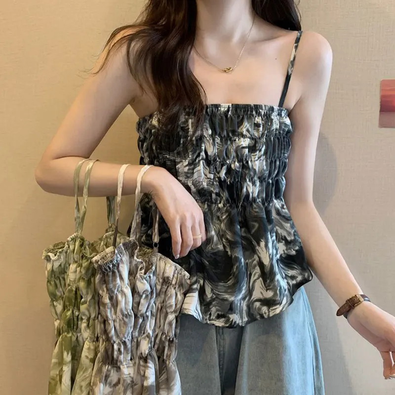 

French Style Tie Dye Camis Female Clothing Hotsweet Shirring Slim Summer Vacation Style Sleeveless Stylish Vintage Printed Tanks