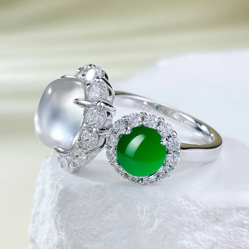 Jewelry S925 Silver Inlaid with Natural Foam Jade 8 * 10mm Oval Opening Ring, Egg Faced Green Chalcedony, Niche and Versatile