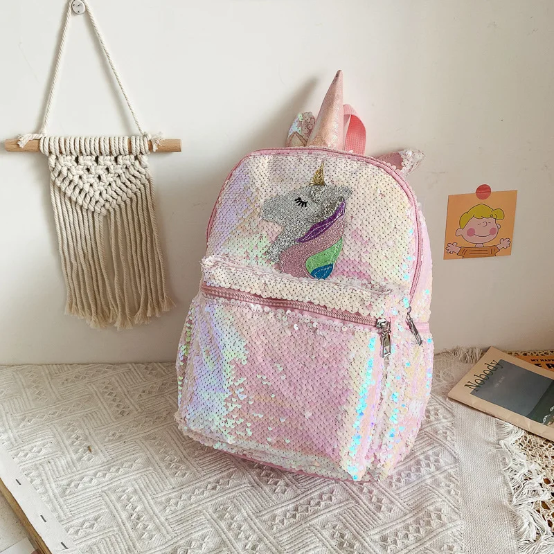 Sequin Unicorn Backpack Pink Shiny Lightweight Mini Custom Logo Fashion Versatile Daily Travel Outdoor Backpack For Women