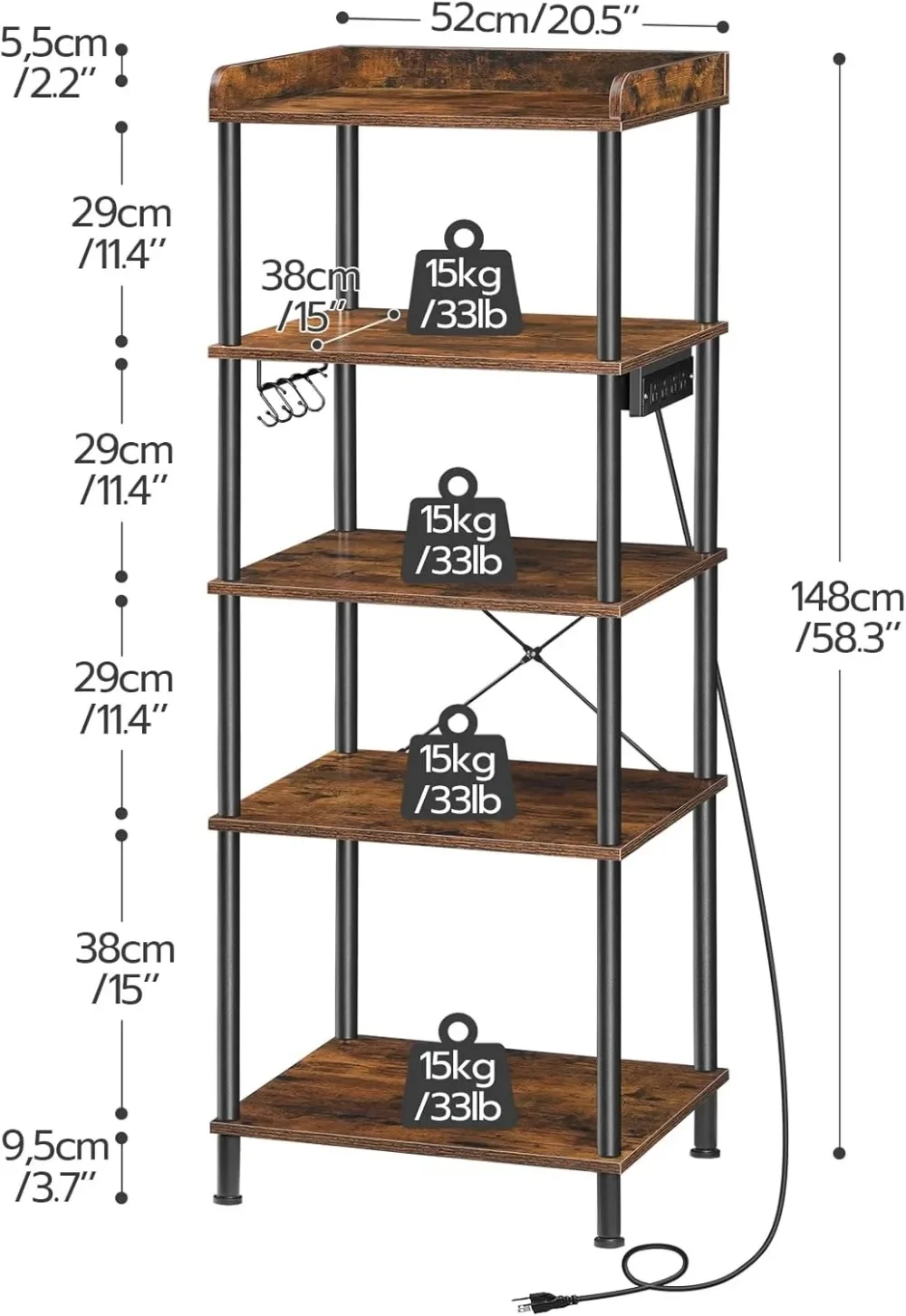 Kitchen Bakers Rack with Power Outlet, 5-Tier Free Standing Kitchen Storage Shelf Rack, Microwave Stand with 4 S-Shaped Hooks