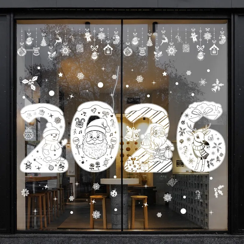 2026 Christmas Reindeer Static Window Clings with Snowflake Party Decor Home Decoration Stickers Window Glass Decals Art