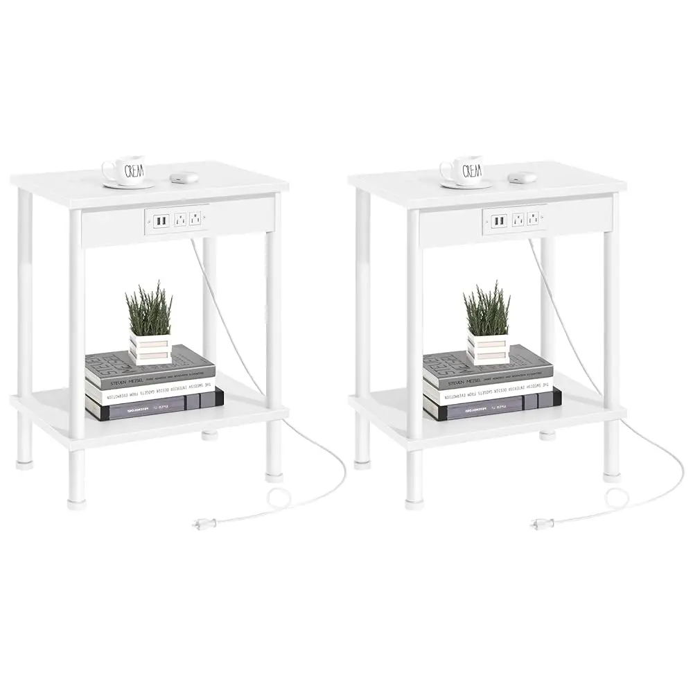 

End Table With Charging Station,Small Side Table,2-Tier Nightstand With Storage Shelf,Sofa Bedside Table For Small Spaces In