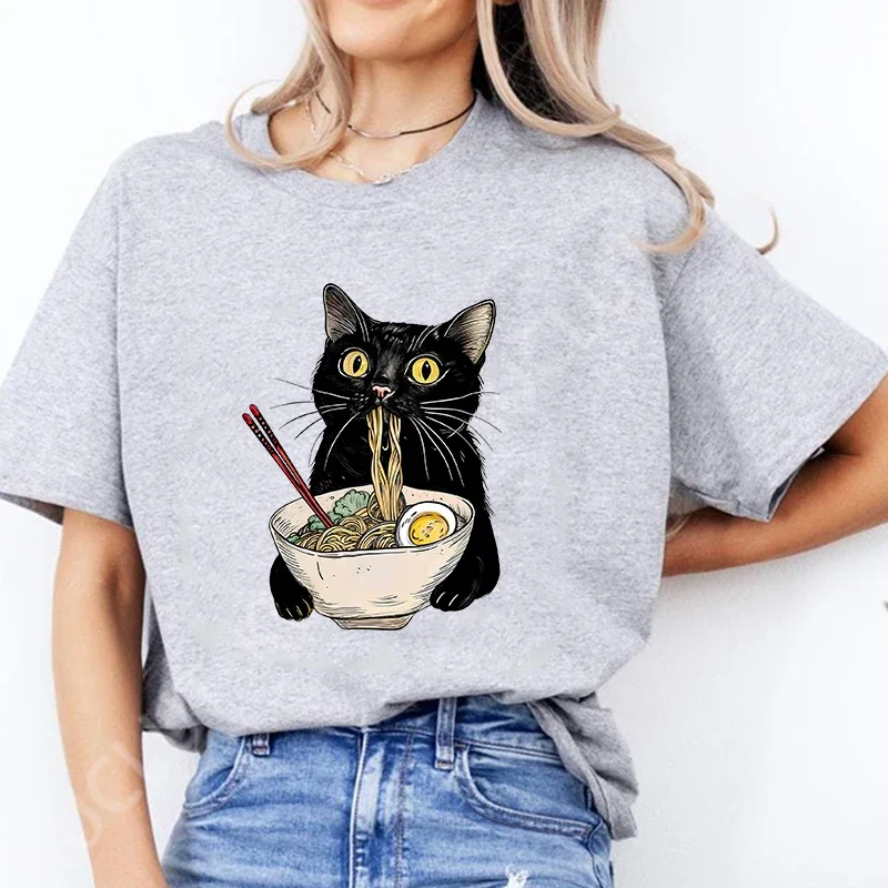 Noodle Cat Women Tees Funny Ramen Black Cat Tshirt Female Clothes Regular Short Sleeve Tops Ladies Fashion Cartoon Graphic Shirt