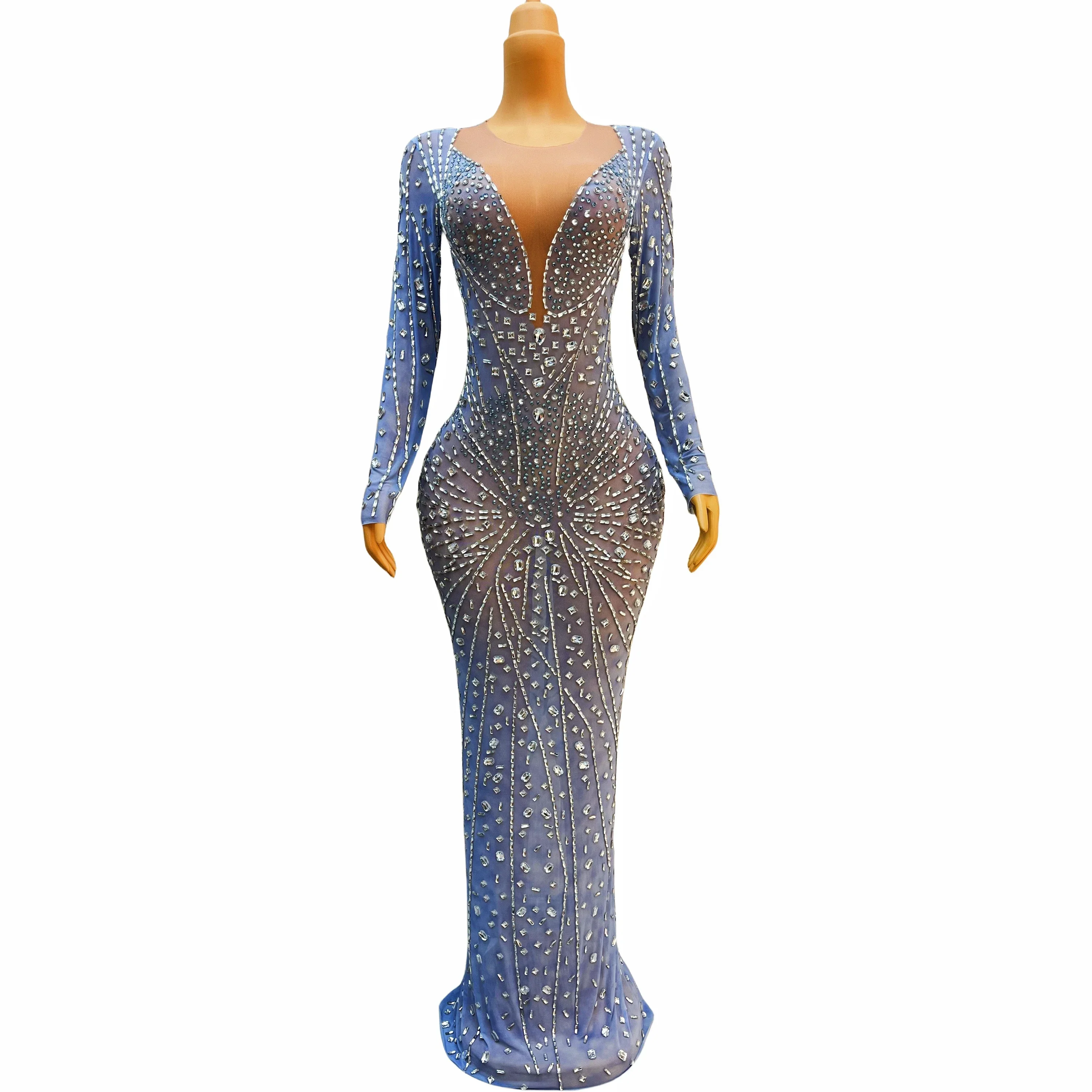 Bling Silver Rhinestones Birthday Celebrate Blue Dress Dance Stretch Crystals Outfit Prom Singer Stage Collection yanhua