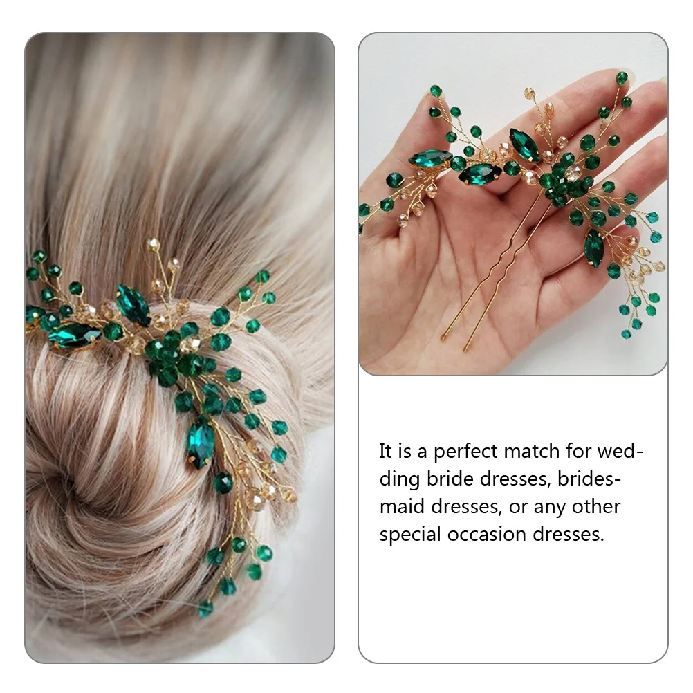 دبوس شعر الزفاف على شكل حرف U من حجر الراين باللون الأخضر الزمردي، إكسسوار شعر لوصيفة العروس والمناسبات الخاصة #2