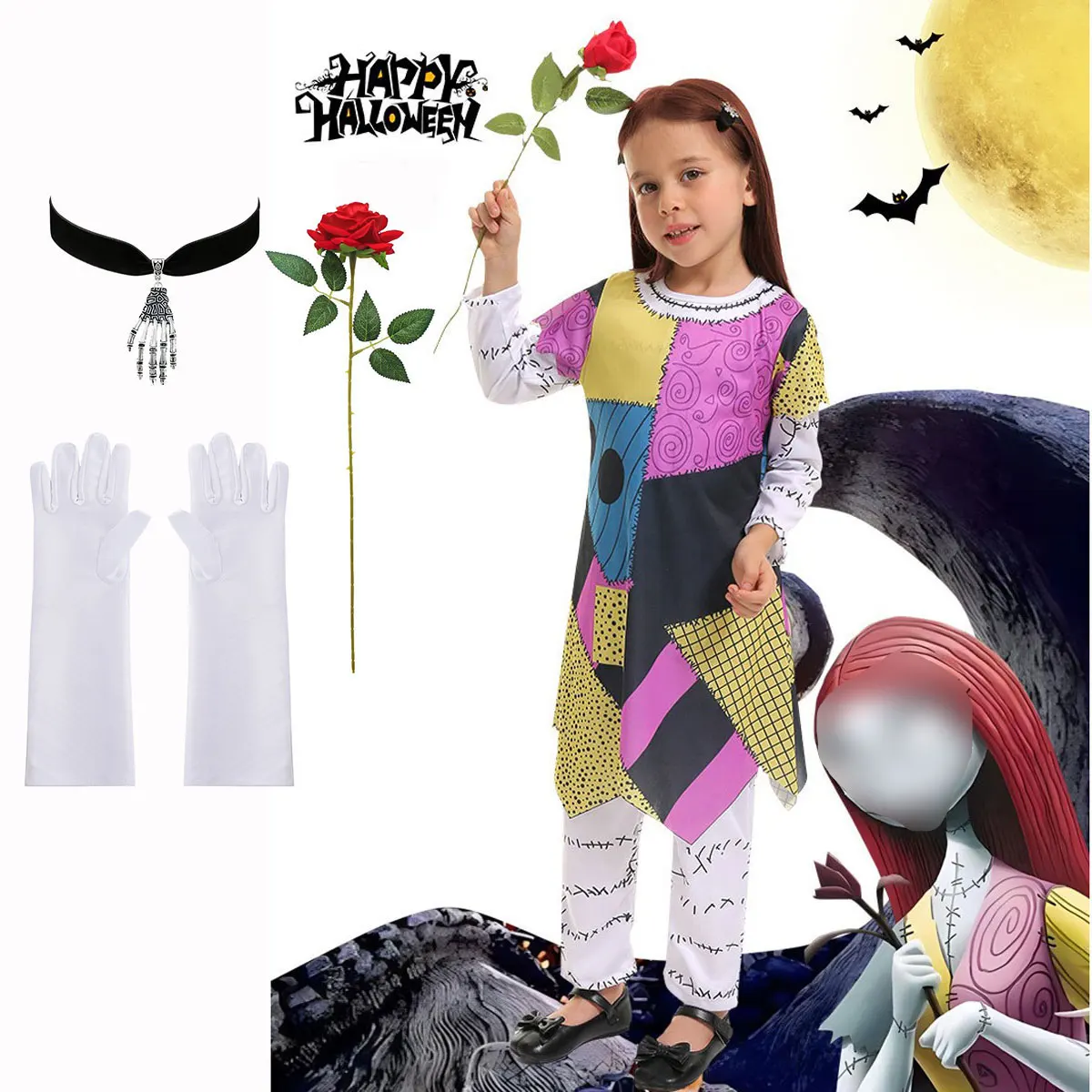 

Happy Halloween Nightmare Before Christmas Sally Girls Cosplay Skeleton Bride Birthday Party Festival Performance Costume