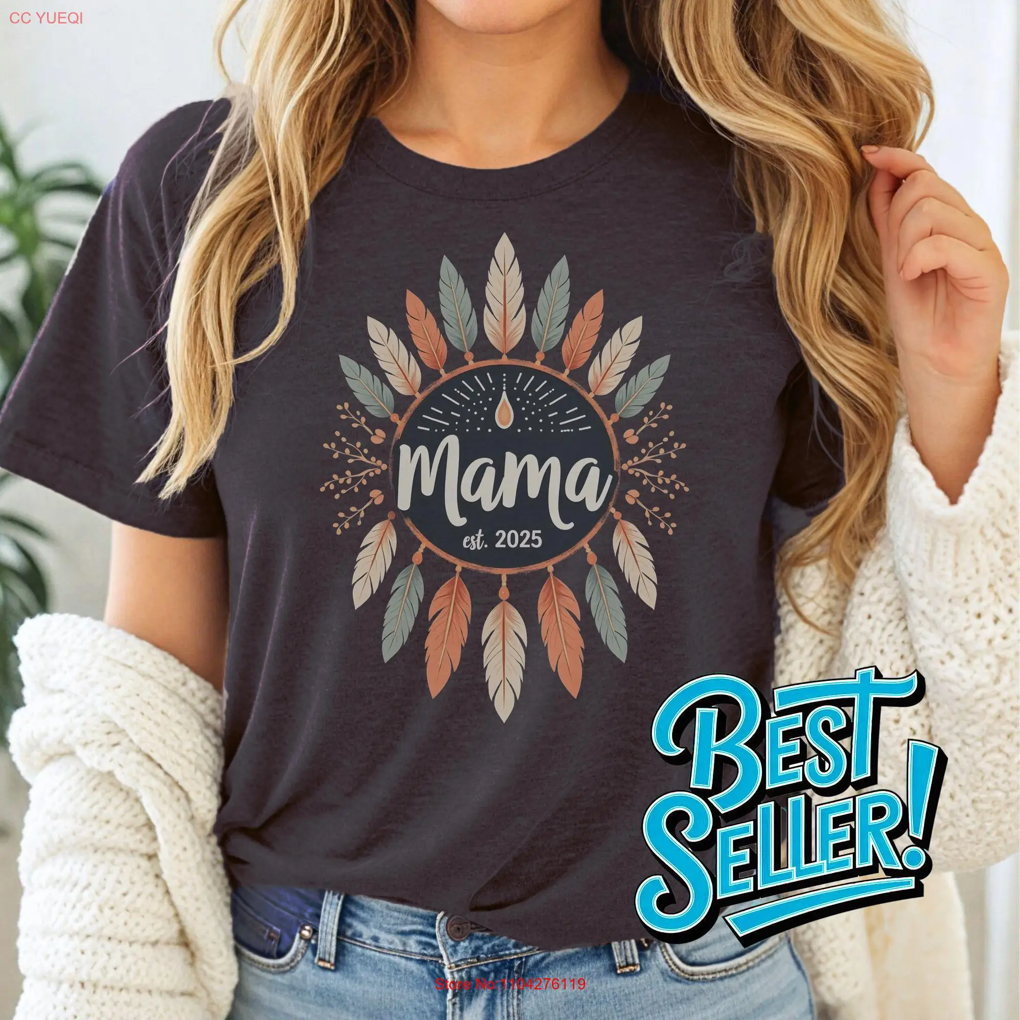

Mama Est 2025 Feather Mandala Boho Tribal Art для новой мамы, футболка с длинными или короткими рукавами