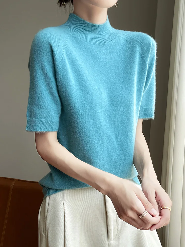 Short Sleeve Women Sweater Basics 30% Merino Wool Female Knitted Pullover Summer Clothing Tops Solid Casual Mock Neck T Shirts - Image 4