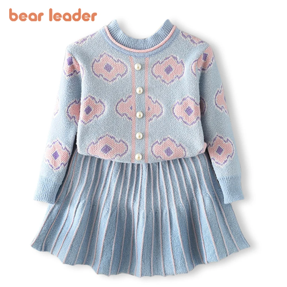 Bear Leader Cute Beading Baby Girls Dress Autumn Winter Children Knitted Sweater Dress Suit 2Pcs Kids Clothing for Girls Dress