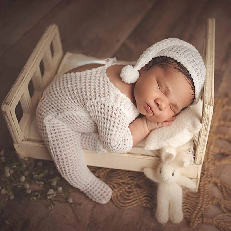 2Pcs Baby Hat Romper Knitted Jumpsuit Long Tail Cap Kit Infants Newborn Photography Props Photo Shooting Clothing Ouifit A2UB