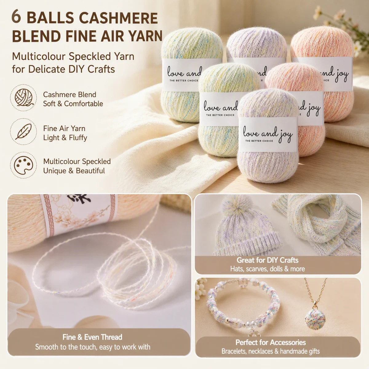 6 Balls Cashmere Blend Fine Air Yarn, 35% Cashmere 20% Wool 45% Polyamide Fancy Knitting Yarn