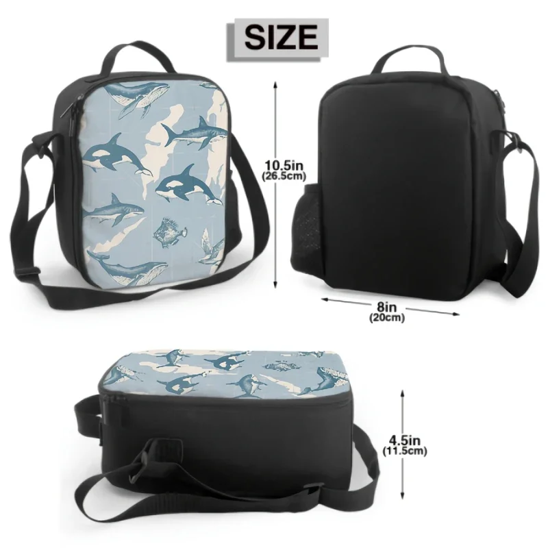 Hand drawn whale insulated lunch box for girls boys portable lunch bag with adjustable shoulder strap and side pocket cooler bag