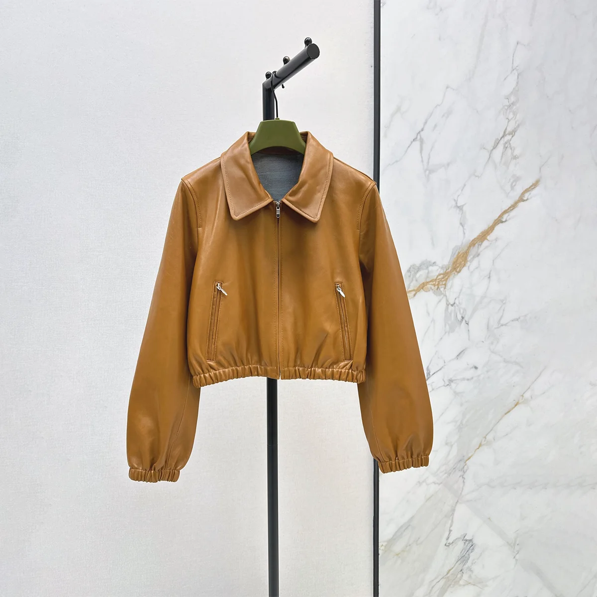 2026 high-quality new women's clothing lapel elastic hem zipper long sleeved faux leather jacket--hb803