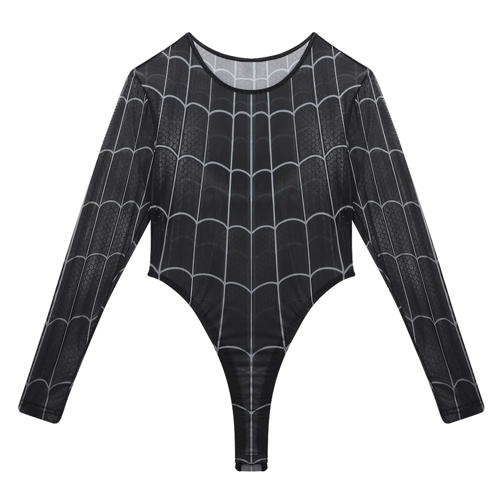 

Mens See Through Mesh Bodysuit Spider-web Pattern Long Sleeve Crew Neck Sheer Leotard for Swimming Nightclub Performance Wear