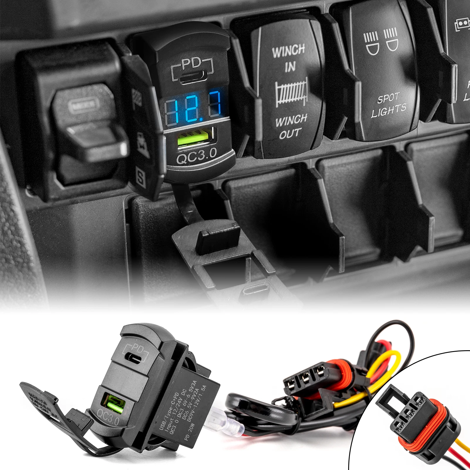 

UTV Dual USB Tpye C Rocker Switch Charger/Outlet 12v PD & QC 3.0 Plug & Play for Polaris RZR Ranger General XP 1000 PRO Trail