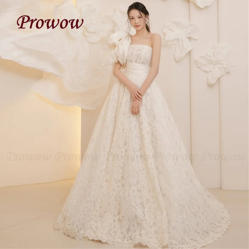

Prowow Luxury Strapless A Line Wedding Dress Korea Photo Shoot Ivory Lace Bridal Gown Sleeveless Corset Back Customized