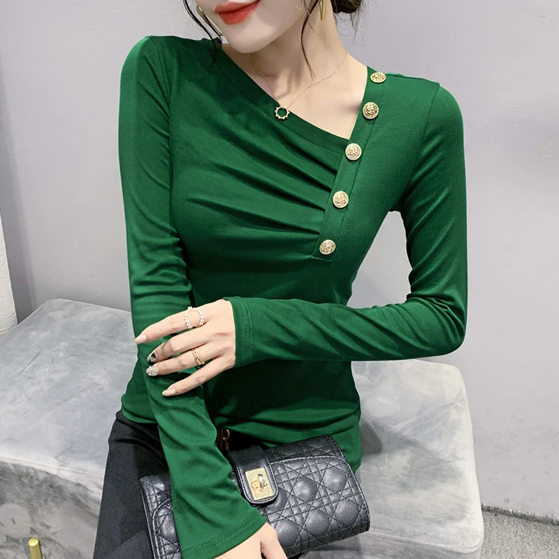 

Autumn Long Sleeved Skew Collar Women's Tops Fashion Casual Beaded Solid Color Knitted T-Shirt