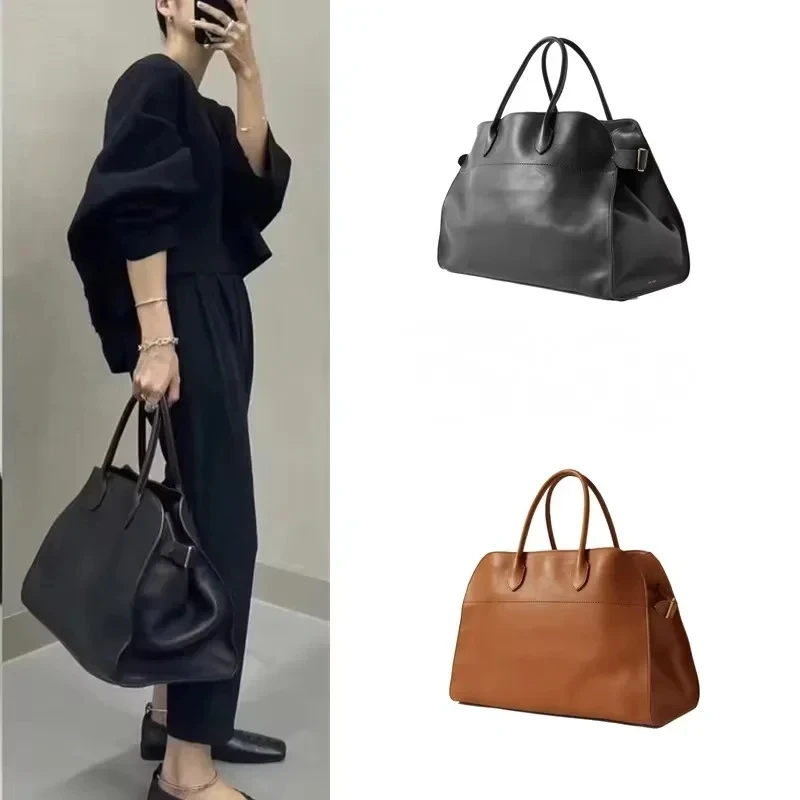 Women's Bag Genuine Leather Handbag Margaux Logo Real Cowhide Suede Large Travel Tote Bag Minimalist Style Luxury Big Bolso