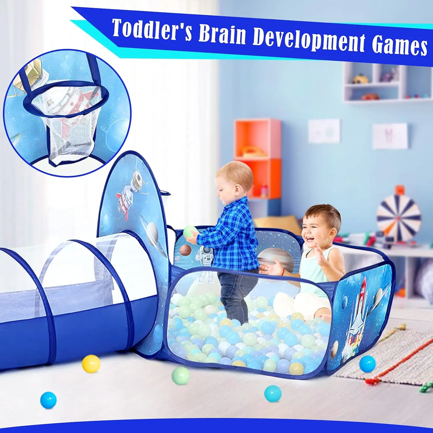 3pc Kids Play Tent for Boys with Ball Pit, Crawl Tunnel, Rocket Ship Tents for Toddlers, Baby Space World Playhouse Toys, Boys I