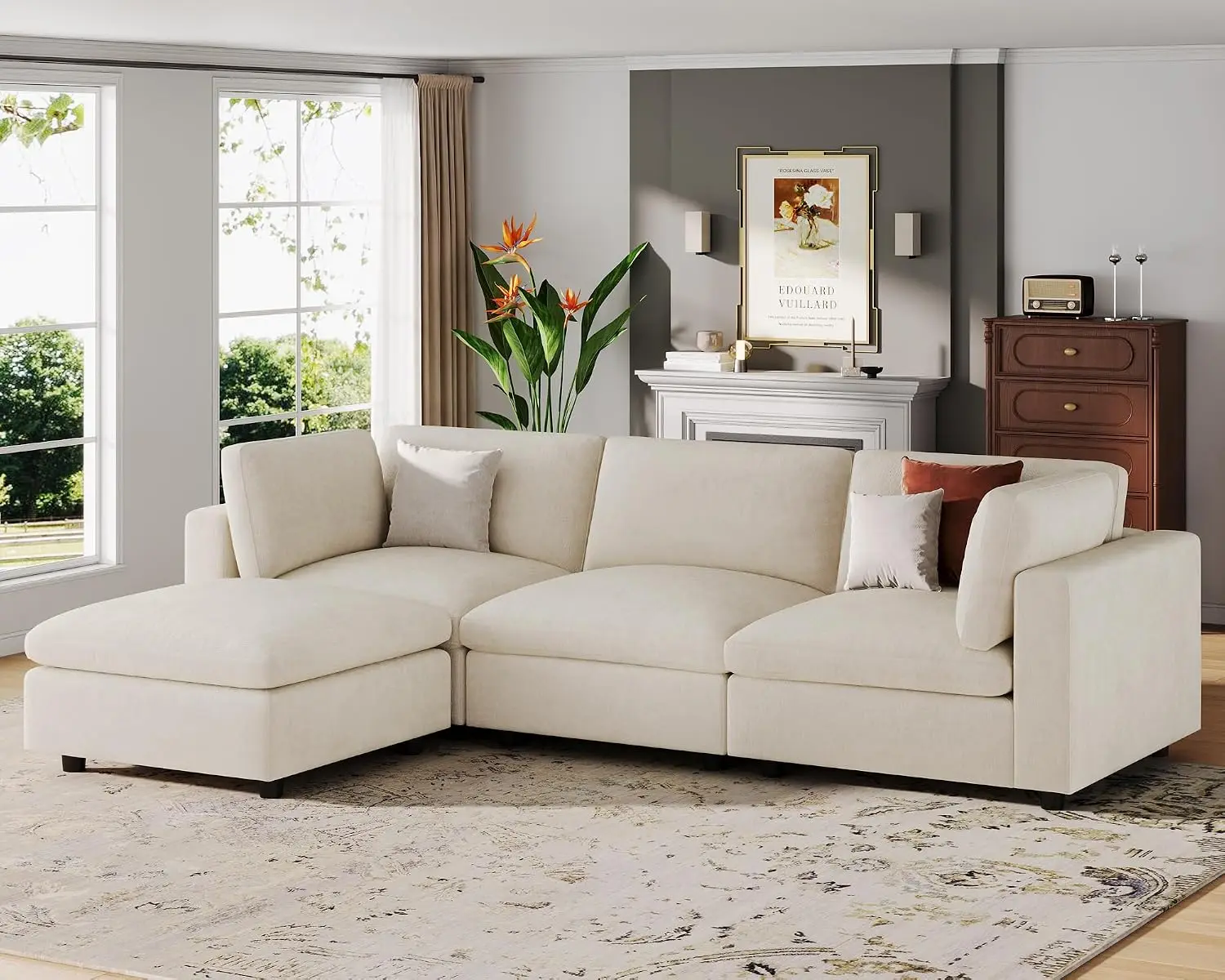 Large L-Shape Modular Sectional Sofa, Chenille Beige Upholstery, Living Room, Customized