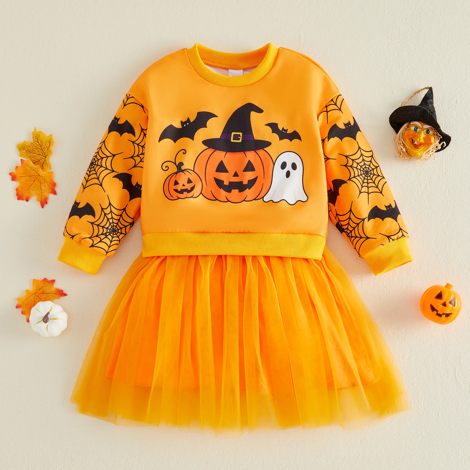 1-6Y Toddler Baby Girls Halloween Patchwork Dress Costume Fashion Pumpkin Ghost Print Long Sleeve Sweatshirt Tulle Mesh Dress